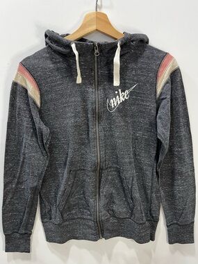 Nike Vintage Charcoal Gray Zip-Up Hoodie with Pink and Cream Shoulder Stripes